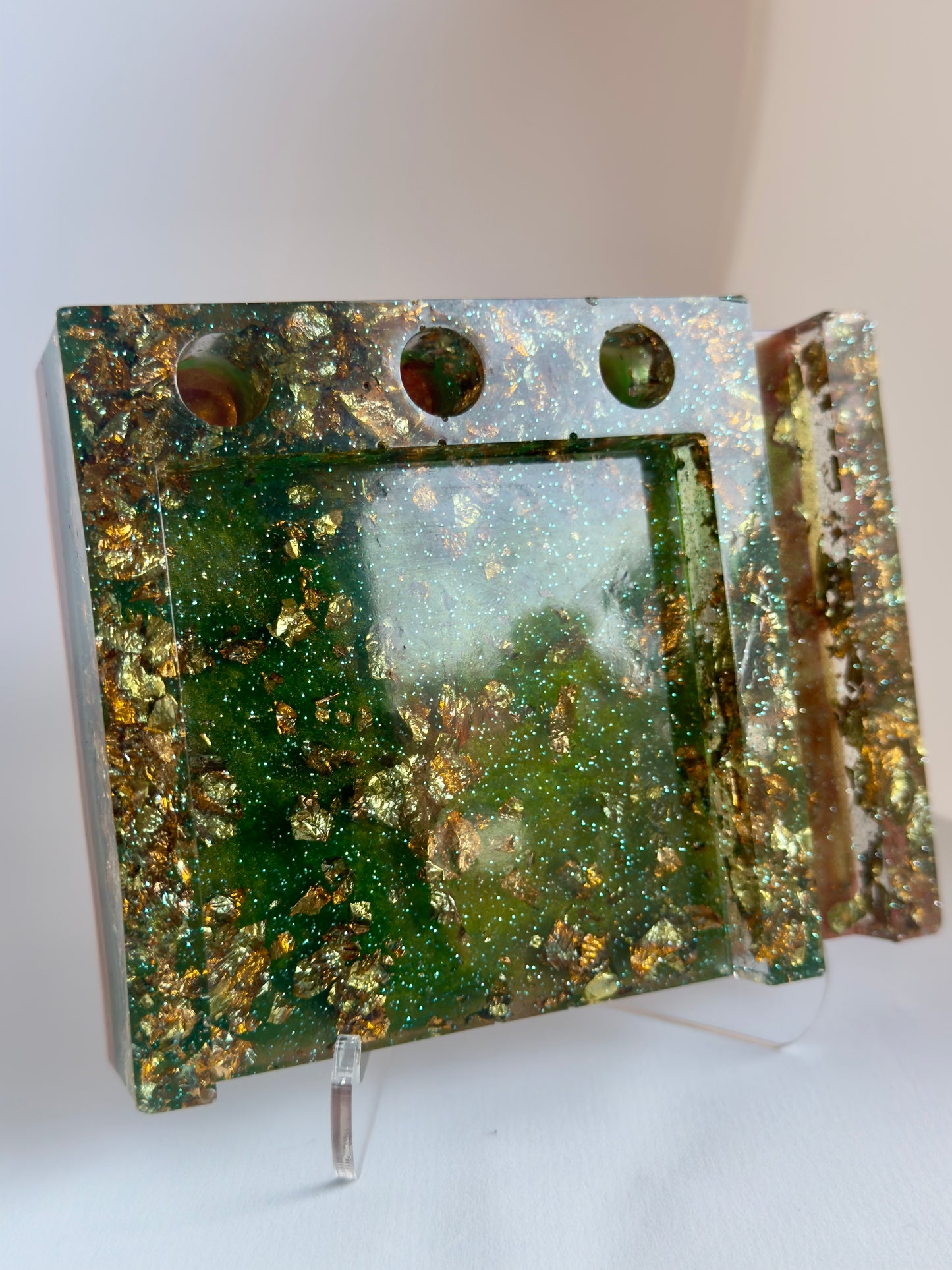 Emerald & Gold Resin Post It Holder with Phone Stand & Pen Holes