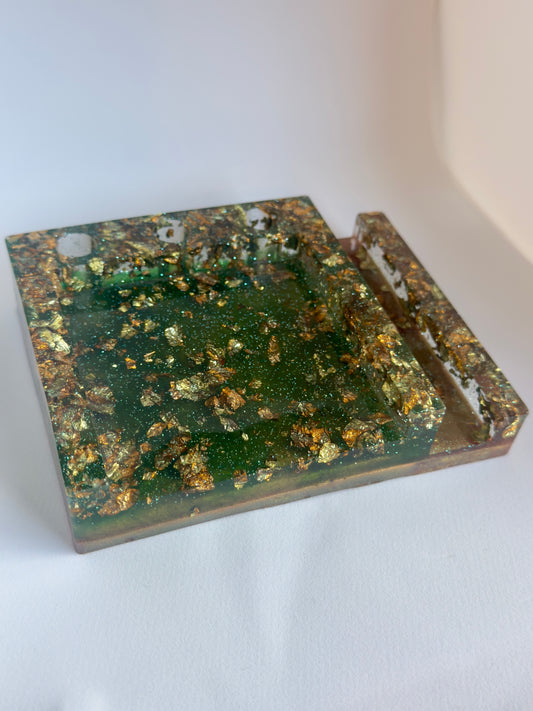 Emerald & Gold Resin Post It Holder with Phone Stand & Pen Holes