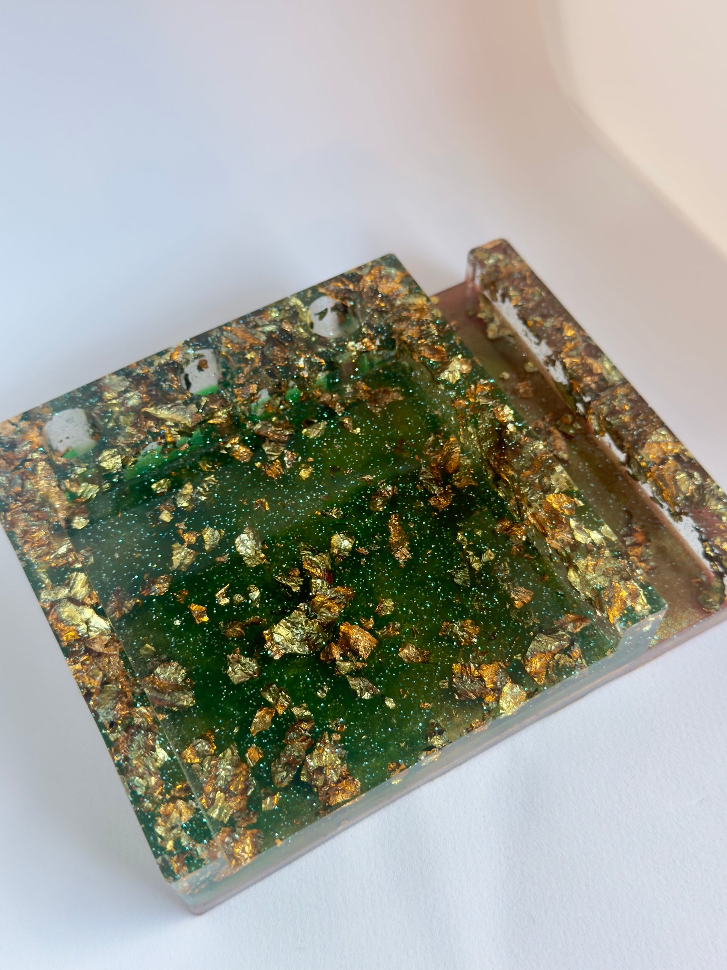 Emerald & Gold Resin Post It Holder with Phone Stand & Pen Holes
