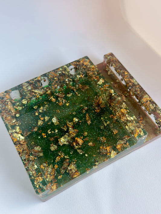 Emerald & Gold Resin Post It Holder with Phone Stand & Pen Holes