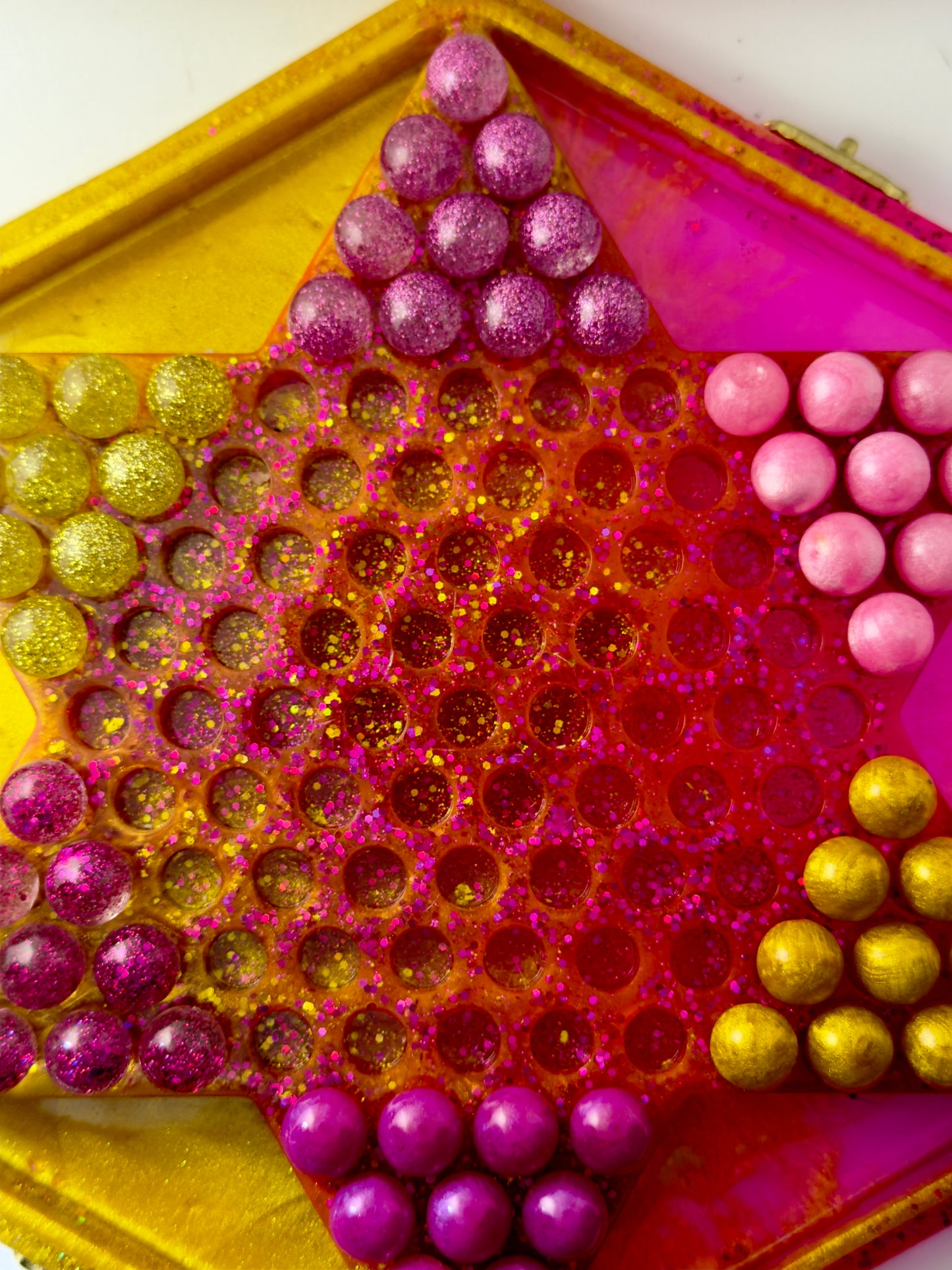 Handmade Resin Chinese Checkers Game Board | 84 Glitter Marbles & Case